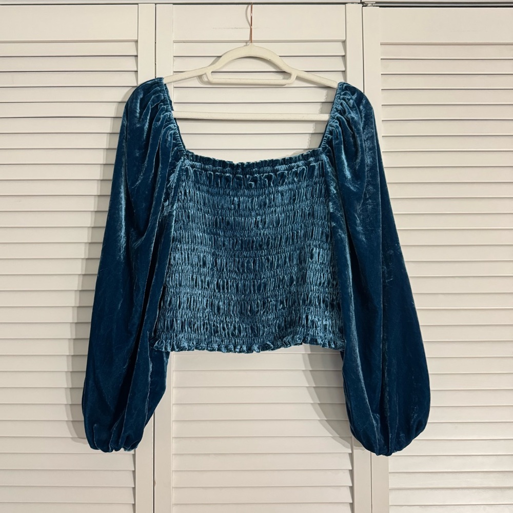 By Anthropologie Teal Velvet Smocked Boho Blouse Bishop Sleeves Festival Sz M